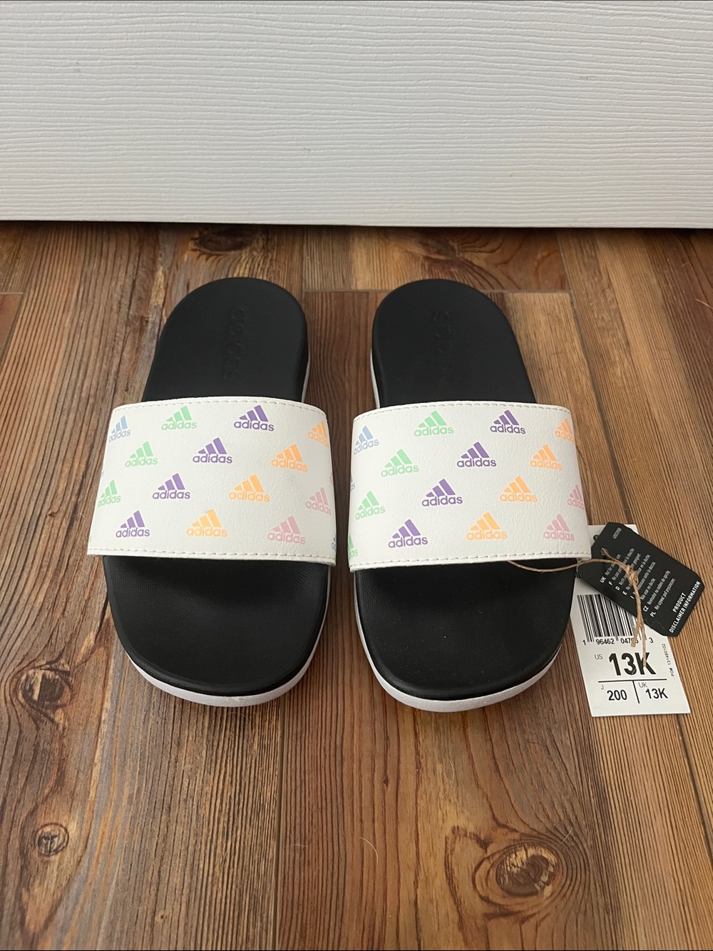 adidas Kids White Slides with Multicolor Logo Print